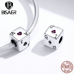 Lucky BISAER 925 Sterling Silver Lucky Dice Beads Poker Playing Card Charms for Jewelry Making DIY Accessories ECC1440 Q0531