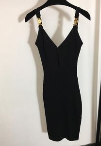 Sexy Frauen Party Kleid V-ausschnitt Ärmellose Stricken Dünne Kleider Hohe Qualität Weibliche Gold Taste Lange Milan Kleidung