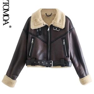 KPYTOMOA Women Fashion Thick Warm Faux Shearling Jacket Coat Vintage Long Sleeve Belt Hem Female Outerwear Chic Tops 211124