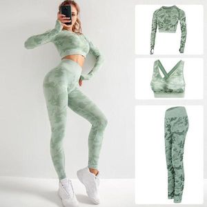 Nya damer camouflage fitness sömlösa tights t-shirt sport bh väst tre-pipe kostym y0625