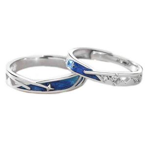 2pcs Dainty Sea Blue Meteoric Star Lover Par Ringar Matchande Set Promise Wedding Moon Star Ring Bands för honom och dropshipping G1125