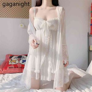 Summer Women Robe Suit 2pc Bathrobe Gown Sexy Elegant Nightdress Lady Casual Sleep Dress Pajamas Sets 210601