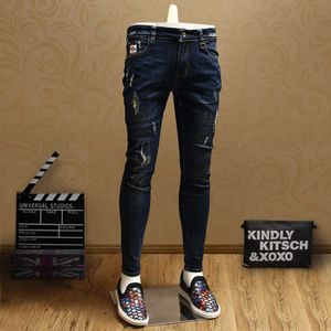 Mode Skinny Ripped Blue Jeans Herr Kvalitet Bomull Streetwear Slim Fit Straight Stretch Jeansbyxor 211009