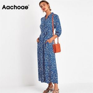 Aachoae Kvinnor Långtryckta Klänningar Tre Kvartär Ärm Bohemian Maxi Slå ner Collar Shirt Vestidos Mujer 210623