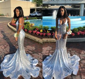New Silver Sequins Mermaid Prom Evening Dresses Sparkly Spaghetti Formal Party Gown Backless Plus Size Pageant Dress Custom Made