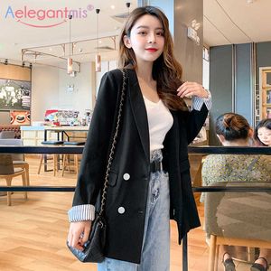 Aelegantmis Chic Höst Classic Svart Kvinnor Business Casual Blazer Jacket Office Lady Blazers Coat Vintage Ladies Lång Ytterkläder 210607