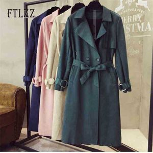 Moda Damskie Suede Trench Coat Spring Jesień Slim Z Pasem Meidum Długi Wiatrówka Panie Płaszcz Koreański Odzież 210525