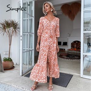 Simplee عارضة المطبوعة ربيع المرأة فستان ماكسي عالية الخصر الخامس الرقبة الدانتيل متابعة الشاطئ vestidos الأزياء فضفاضة زرر ألف خط اللباس 210309