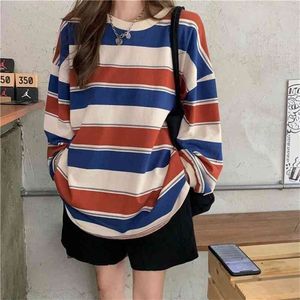 Houzhou Hoodies Striped Sweatshirt Streetwear Kvinnor Harajuku Oversize Pullover Koreanska Mode Par Matchande Långärmad Toppar 210803