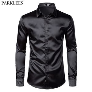 Mäns Svart Satin Luxury Dress Shirts Silk Smooth Men Tuxedo Shirt Slim Fit Wedding Party Prom Casual Shirt Chemise Homme 210628