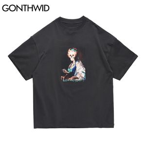 ヒップホップTShirtsストリートウェアクリエイティブスカルガール絵画ティーシャツ男性原宿カジュアルコットン半袖トップ210602