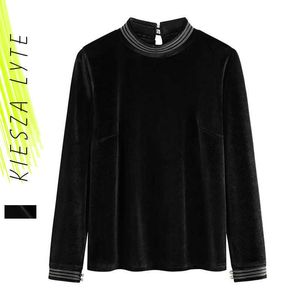 Vintage Velvet Topy dla Kobiet Biuro Nosić Kołnierz Kołnierz Z Długim Rękawem Czarna Szczupła Koszulka Eleganckie Bluzki Pullover 210608