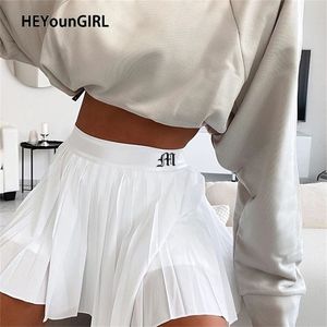 Heyoungirl Casual Beyaz Mini Pileli Etekler Şort Mektubu Baskı Yüksek Vana Kısa Etek Kore Tiki Tarzı Yaz Dansı 210310