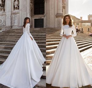 Elegante vestido de cetim vestido de noiva 2021 elegante marfim mangas compridas laço frisado appliqued boho vestidos de noiva feitos sob encomenda
