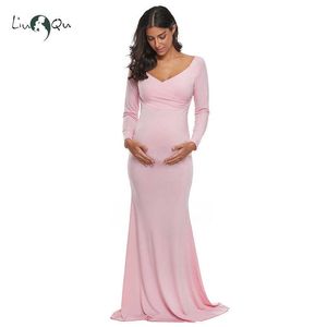 Różowy Off Ramię Z Długim rękawem Dresses Maternity Dostosowana Sukienka Agna ciąży Płaszcza Vestidos de Fiesta de Noche Q0713