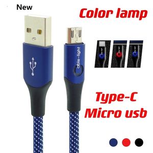 2 a Fast Charge LED kablar Typ C Micro Flätad USB kabel m FT Alloy Fabric Cords för Samsung Huawei Android Moblie Phone PC