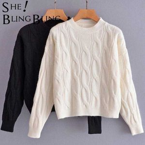 SheBlingBling Za Woman 2021 Traf White Sweaters Chic Knitted Solid Pullovers Winter O-Neck Loose Long Streetwear Warm Outerwear Y0825