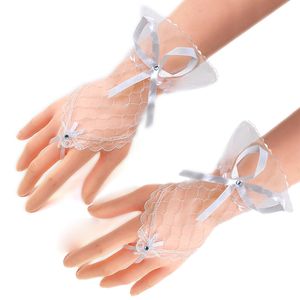 Brauthochzeit kurze fingerlose Handschuhe rot schwarz weiße Strassstrisson Bowknot Sheer Spitzenfädens