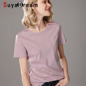 SuyaDream Women Solid T shirts Cotton and Silk mix Plain O neck Short Sleeved Shirts Summer Candy Colors Basic Top 210623
