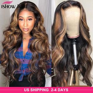 Ishow Highlight 4/27 Body Wave Human Hair Wigs Omber Color T1b/27 13*1 Lace Front Wig Pre-Plucked 360 Wigs for Women All Ages Brown Black 8-26inch