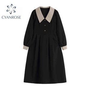 Vintage Dress Women Fashion Sweet Peter Pan Collar Francuski Elegancki Z Długim Rękawem Lace-Up Kobieta Sukienka Preppy Style 2021 Jesień Chic Y1204