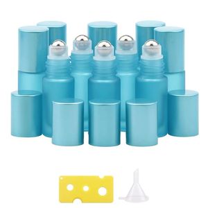 Butelki do przechowywania Słoiki 10 sztuk 5ml Refillable Frosted Glass Roller Fiolki Kulka ze stali nierdzewnej i Aluminium Essential Oil Bottle Perfumy