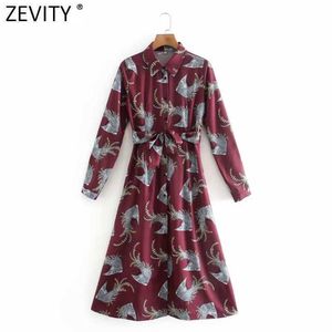 Zevity女性のファッション動物プリント弓縛らなサッシシャツのドレスオフィスレディースを折りたたむカラーヴェスティドカジュアルミディドレスDS4784 210603