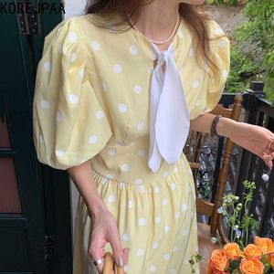 Korjpaa Kvinnor Klänning Sommar Koreansk Retro Temperament Kontrast Färg Lace Bow Tie High Waist Puff Sleeve Polka Dot Vestidos 210526