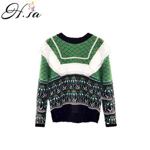 H.SA Kvinnor Jultröjor Casual Green Trees Tunika Jumpers Lace Stitch Vintage Winter Sweater Tops Koreanska Argyle Toppar 210716