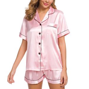 Button-Down Ladies Pajama Set Satin Silk Pijamas Manga Curta Top Shorts Womens Lounge Desgaste Home Terno Plus Size Nightwear Set Q0720
