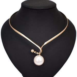 Alloy Torques Simulated Pearl Pendants Necklaces For Women Simple Statement Metal Collar Choker Necklace Jewelry