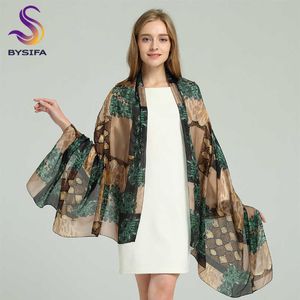 [BYSIFA] Brand Blue Green Silk Scarf Shawl Female Accessories Spring Autumn Floral Pattern 100% Silk Women Long Scarves Wraps Q0828