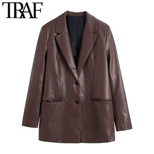 TRAF Kobiety Moda Faux Leather Blazer Płaszcz Vintage Długi Rękaw Welt Kieszenie Kobiet Odzież Odzieży Chic Veste Femme 211116