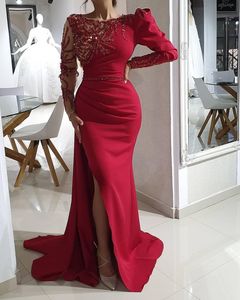 2021 Arabisch Aso Ebi Rot Luxuriöse Meerjungfrau Abendkleider Perlen Kristalle Ballkleider Lange Ärmel Formelle Party Kleider für den zweiten Empfang