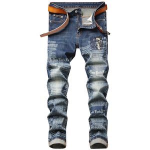 Straight Letter Printed Men's Jeans Embroidery Patchwork Denim Pants Streetwear Whitened Slim Stretch Trousers For Male Clothing