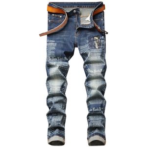 Prosto List Drukowane dżinsy Męskie Haft Patchwork Dżinsowe Spodnie Streetwear Wybite Slim Stretch Spodnie do męskiej Odzież