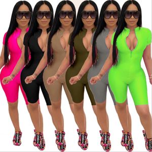 Vår / Sommardesigners Kläder 2021 Kvinnor Mode Jumpsuits Solid Färg Zipper Stand Krage Sport Slim Fit Jumpsuit Amp Rompers S-4XL