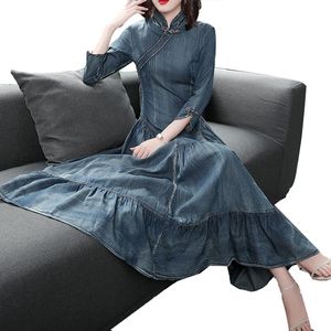 Casual Dresses Spring Autumn 2021 Slim Waist Chinese Style Three Quarter Long Maxi Denim Jeans Plus Size Women Dress Cheongsam Vestido