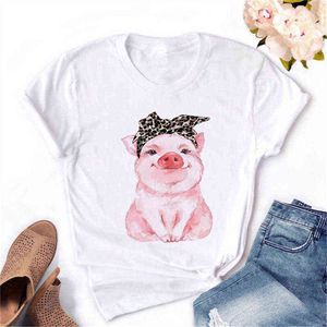 Cute Leopard Bandana Pig Bow Moda Drukuj Kobiety Tshirt Harajuku Kawaii Koreański Kobiece Topy Tee Śmieszne Femme T Shirt, Drop Shipping G220310