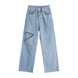 PERHAPS U Women Blue Solid Jeans Pocket Empire Casual Straight Hole Denim Pants Hollow Out P0018 210529