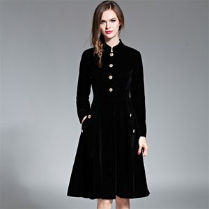 Black Vintage Dress Women Elegant Slim Long Sleeved Velvet Party Ol Office Wear Autumn Winter Robe Vestidos 210525