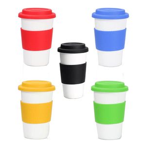 Canecas de porcelana antiderrapante anti-escaldante caneca de cerâmica branca com tampa de silicone de cor sólida e manga isolada xícara de café de viagem portátil cerâmica garrafa de água ZL0046Sea