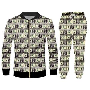 Ifpd 3D-tryck Dollar Hoodies Funny Plus Storlek Mäns uppsättning Jacka och jogger byxor Paper Money Puzzle Tracksuit Pullover Home Suit X0909