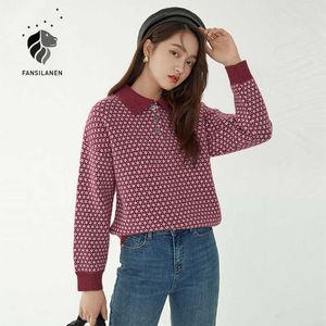 Fansilanen Polo Kwiatowy Drukuj Czerwony Sweter Dzianiny Kobiety Z Długim Rękawem Oversized Vintage Pullover Top Kobieta Kaszmirowa Zimowa Zimowa 210607