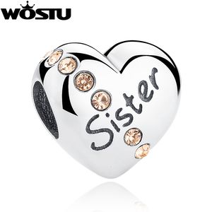 Real 925 Sterling Soill Sild Silver Sister Love Heart Charm Beads Ajuste Original WST Bracelete Bangle Autêntico DIY Jóias Presente Q0531