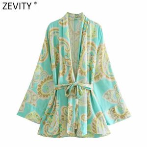 Zevidade Mulheres Totem Vintage Cópia Floral Curva Amarrado Sashes Kimono Smock Blusa Feminino Costura Aberta Camisas Chic Blusas Tops LS9315 210603