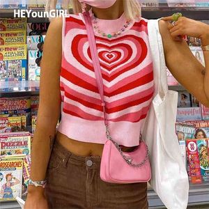 Heyoungirl Heart Ärmlös Stickad Crop Top Sweater Vest Sommar Rosa Casual Y2K 90s Pullover Knitwear Fashion Streetwear 210819