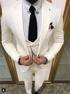 사용자 정의 만든 Groomsmen 피크 옷깃 신랑 턱시도 아이보리 남자 정장 결혼식 / 댄스 파티 / 저녁 3 조각 블레이저 (자켓 + 바지 + 넥타이 + 조끼) W1000