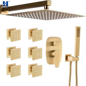 Hongdec Wall Mounted Luxury Brass Brushed gold Rainfall Shower System with 12" Rain Square Shower head Body Jets Mixer set X0705 on Sale