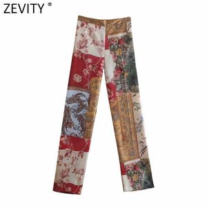 Zevity Women Vintage Cloth Patchwork Print Satin Straight Pants Retro Kvinnlig Elastisk Midja Sidoficka Chic Långbyxor P1004 210603